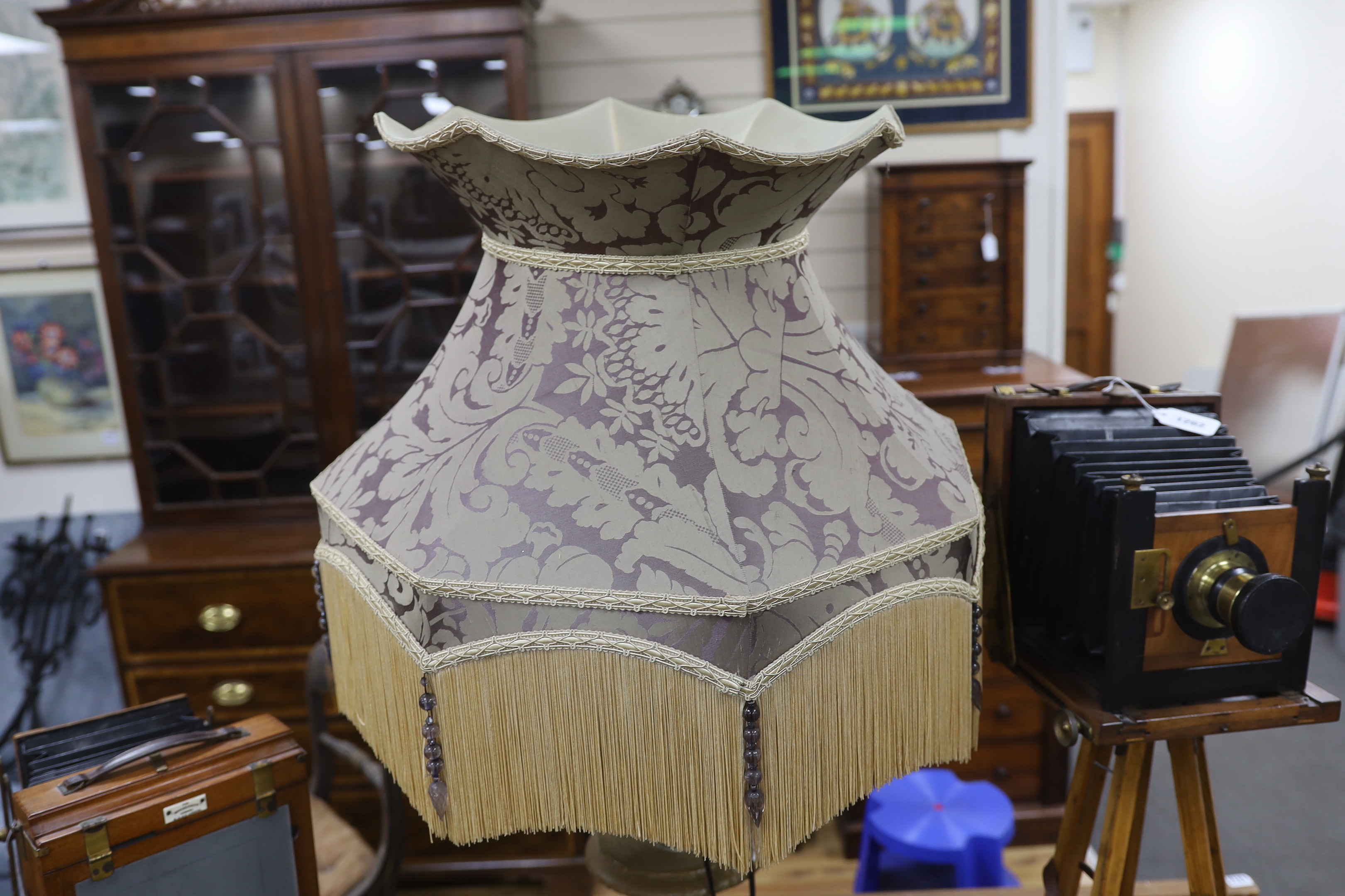 A painted and carved wood standard lamp, height including shade, 124cm